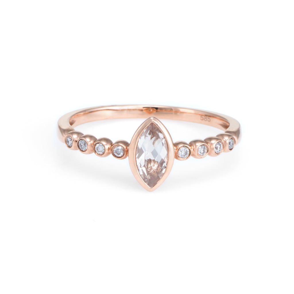 Pink Morganite Bezel Ring | 14k Rose Gold | White Diamonds | The Storm Jewelry | Fine Jewelry Made in Los Angeles - committed to empowering female equality, celebrating forever friendships & championing future generations of women.