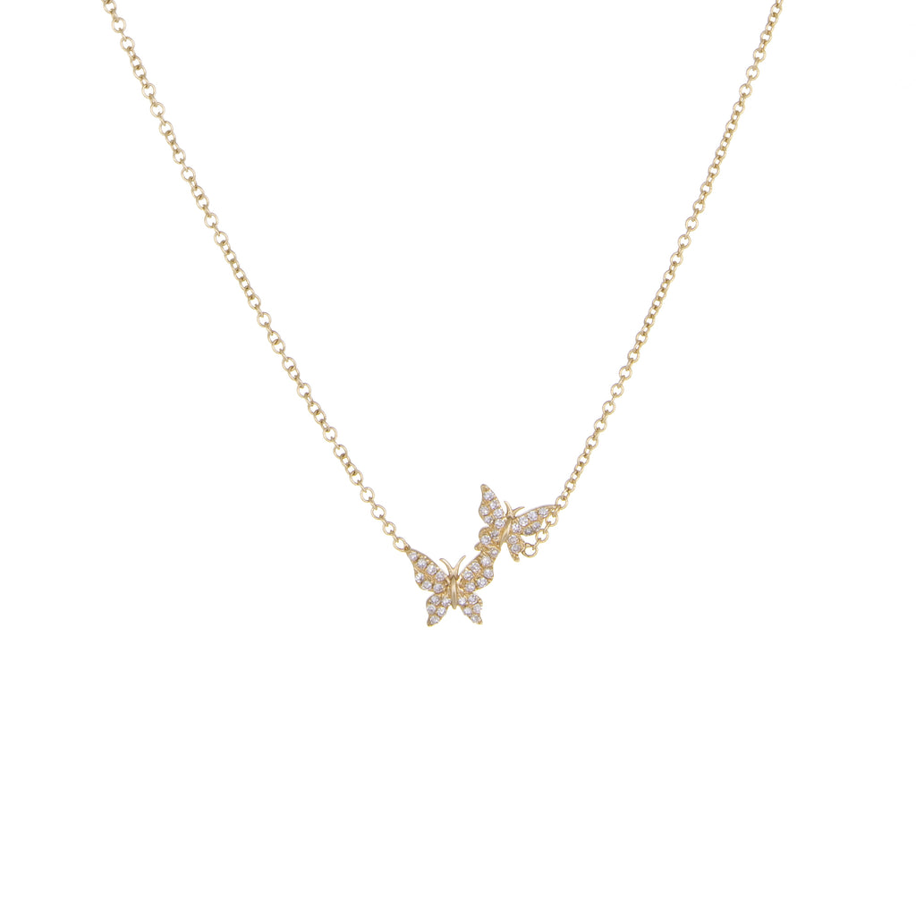 Double Butterfly Diamond Necklace | 14k Yellow Gold | The Storm Jewelry | Fine Jewelry Made in Los Angeles - committed to empowering female equality, celebrating forever friendships & championing future generations of women.